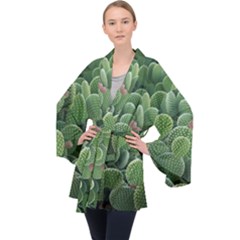 Green Cactus Long Sleeve Velvet Kimono  by Sparkle