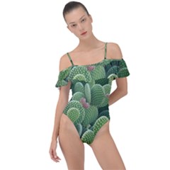 Green Cactus Frill Detail One Piece Swimsuit by Sparkle