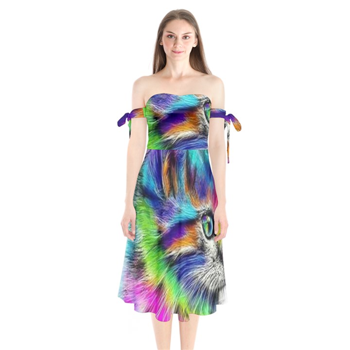 Rainbowcat Shoulder Tie Bardot Midi Dress