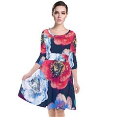 Flowers Pattern Quarter Sleeve Waist Band Dress by Sparkle