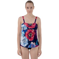 Flowers Pattern Twist Front Tankini Set by Sparkle