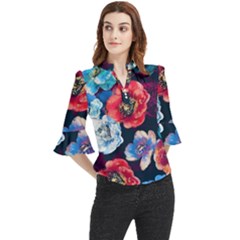 Flowers Pattern Loose Horn Sleeve Chiffon Blouse