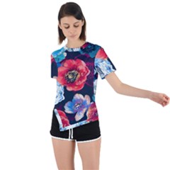 Flowers Pattern Asymmetrical Short Sleeve Sports Tee