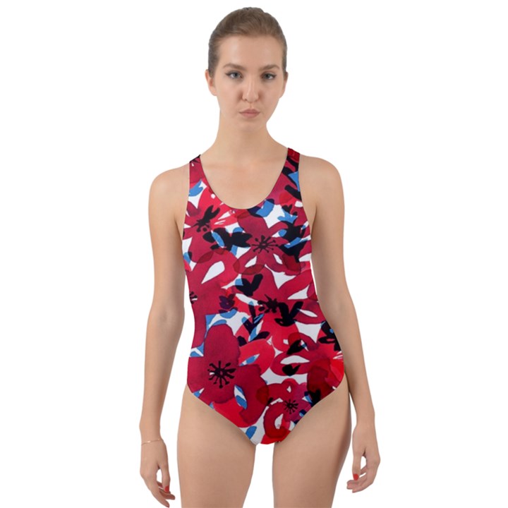 Handpaint Flowers Cut-Out Back One Piece Swimsuit