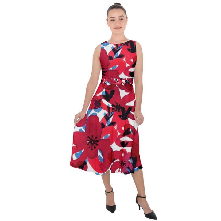 Handpaint Flowers Midi Tie-Back Chiffon Dress