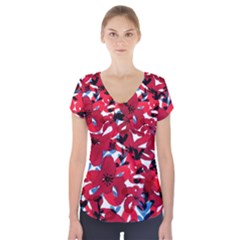 Handpaint Flowers Short Sleeve Front Detail Top by Sparkle