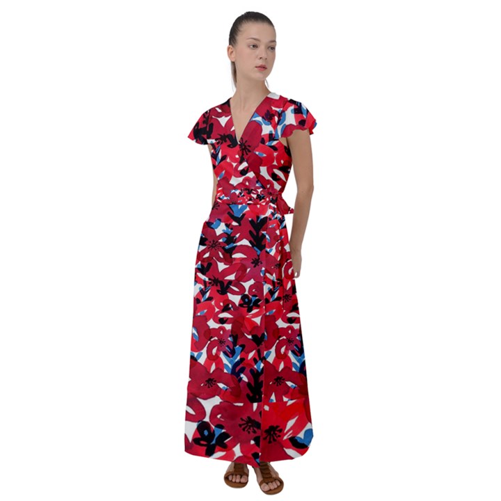 Handpaint Flowers Flutter Sleeve Maxi Dress