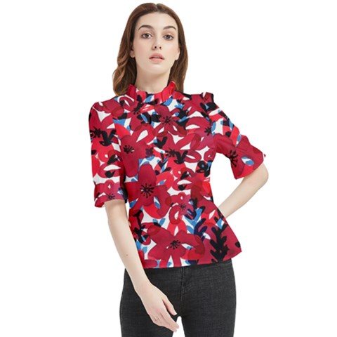 Handpaint Flowers Frill Neck Blouse by Sparkle