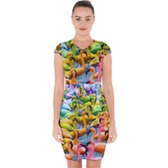 Rainbow Flamingos Capsleeve Drawstring Dress  by Sparkle