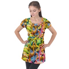 Rainbow Flamingos Puff Sleeve Tunic Top by Sparkle