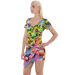 Rainbow Flamingos Short Sleeve Asymmetric Mini Dress by Sparkle