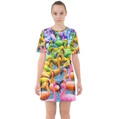 Rainbow Flamingos Sixties Short Sleeve Mini Dress by Sparkle