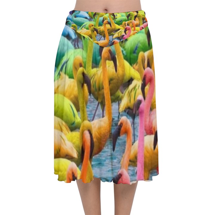 Rainbow Flamingos Velvet Flared Midi Skirt