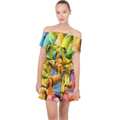 Rainbow Flamingos Off Shoulder Chiffon Dress by Sparkle