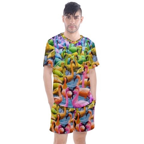 Rainbow Flamingos Men s Mesh Tee And Shorts Set by Sparkle