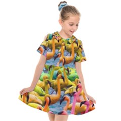 Rainbow Flamingos Kids  Short Sleeve Shirt Dress by Sparkle