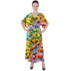 Rainbow Flamingos V-neck Boho Style Maxi Dress by Sparkle