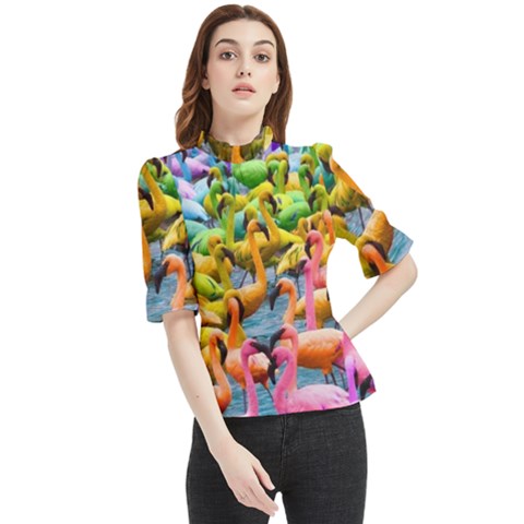 Rainbow Flamingos Frill Neck Blouse by Sparkle