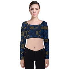 Tribal Festive Folk Pattern Velvet Long Sleeve Crop Top by tmsartbazaar