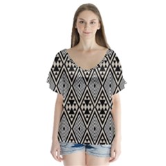 Abstract Boho Style Geometric V-neck Flutter Sleeve Top by tmsartbazaar