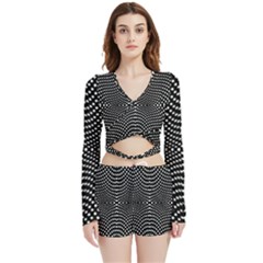 Black And White Geometric Kinetic Pattern Velvet Wrap Crop Top And Shorts Set