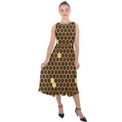 Gold Honeycomb On Brown Midi Tie-back Chiffon Dress by Angelandspot