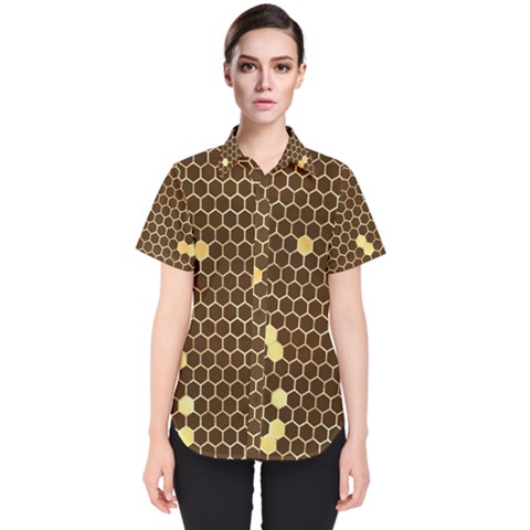 Gold Honeycomb On Brown Women s Short Sleeve Shirt by Angelandspot