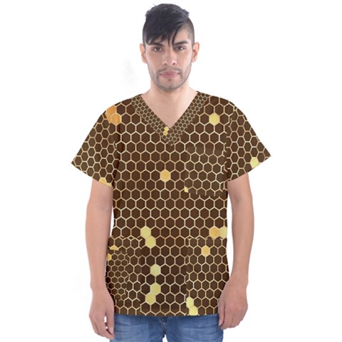 Gold Honeycomb On Brown Men s V-neck Scrub Top by Angelandspot