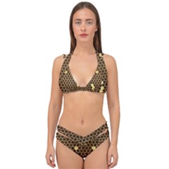 Gold Honeycomb On Brown Double Strap Halter Bikini Set by Angelandspot