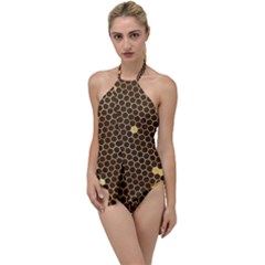 Gold Honeycomb On Brown Go With The Flow One Piece Swimsuit by Angelandspot