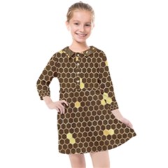 Gold Honeycomb On Brown Kids  Quarter Sleeve Shirt Dress by Angelandspot