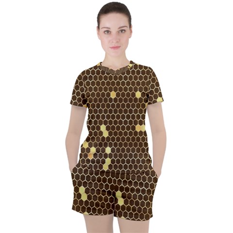 Gold Honeycomb On Brown Women s Tee And Shorts Set by Angelandspot