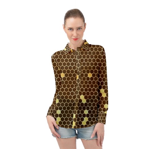 Gold Honeycomb On Brown Long Sleeve Chiffon Shirt by Angelandspot