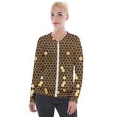 Gold Honeycomb On Brown Velvet Zip Up Jacket by Angelandspot