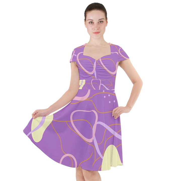 Abstract Purple Pattern Design Cap Sleeve Midi Dress