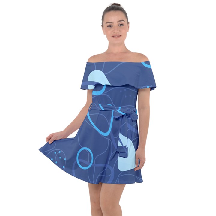 Abstract Blue Pattern Design Off Shoulder Velour Dress