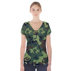 Forest Camo Pattern, Army Themed Design, Soldier Short Sleeve Front Detail Top