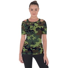 Forest Camo Pattern, Army Themed Design, Soldier Shoulder Cut Out Short Sleeve Top