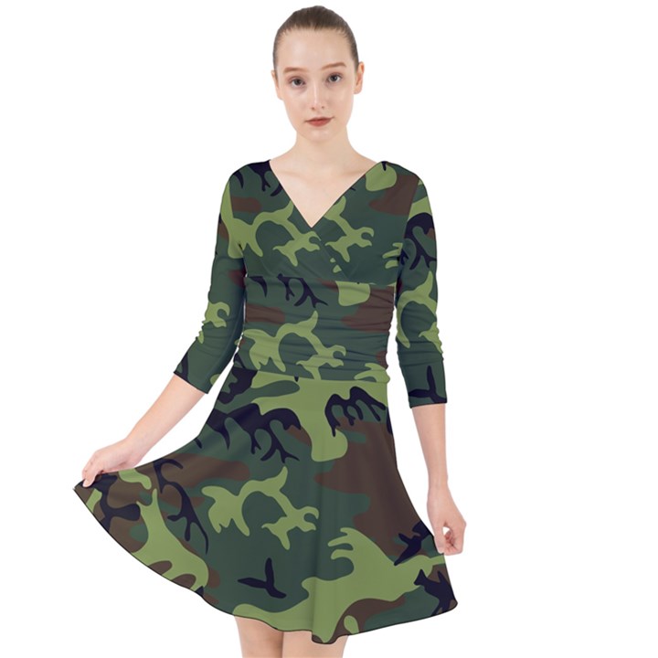 Forest camo pattern, army themed design, soldier Quarter Sleeve Front Wrap Dress