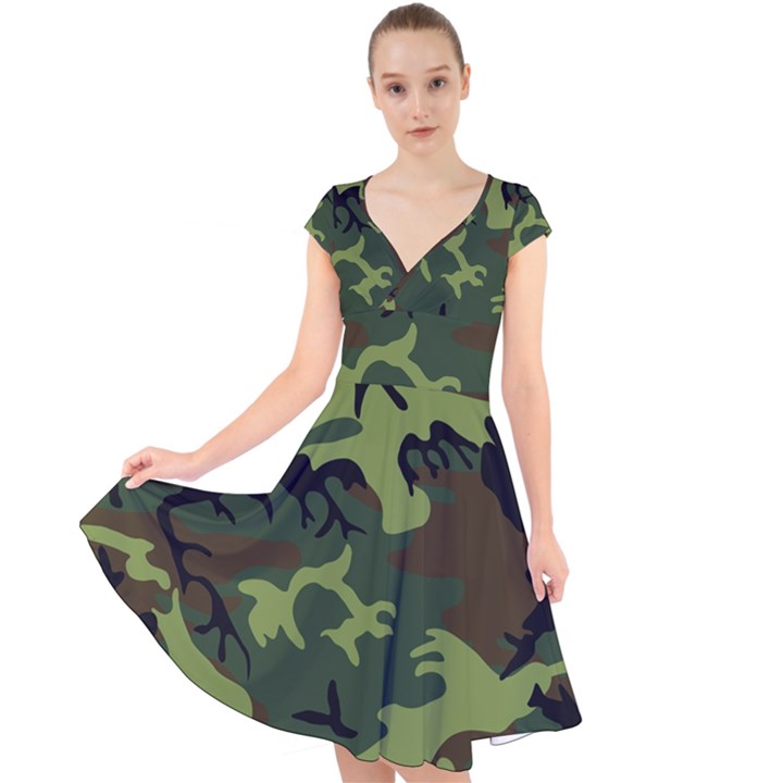 Forest camo pattern, army themed design, soldier Cap Sleeve Front Wrap Midi Dress