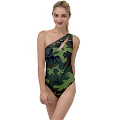 Forest Camo Pattern, Army Themed Design, Soldier To One Side Swimsuit by Casemiro