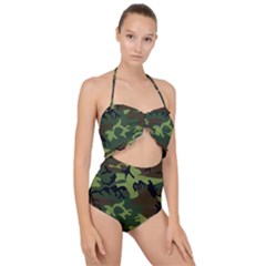 Forest Camo Pattern, Army Themed Design, Soldier Scallop Top Cut Out Swimsuit by Casemiro