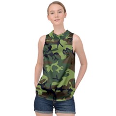 Forest Camo Pattern, Army Themed Design, Soldier High Neck Satin Top by Casemiro