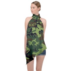 Forest Camo Pattern, Army Themed Design, Soldier Halter Asymmetric Satin Top by Casemiro