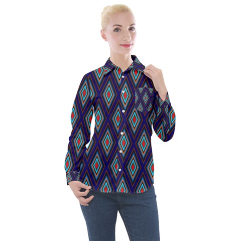 Colorful Diamonds Pattern3 Women s Long Sleeve Pocket Shirt by bloomingvinedesign