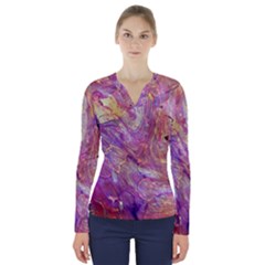 Marbling Abstract Layers V-neck Long Sleeve Top by kaleidomarblingart