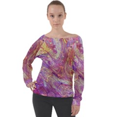 Marbling Abstract Layers Off Shoulder Long Sleeve Velour Top by kaleidomarblingart