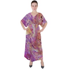 Marbling Abstract Layers V-neck Boho Style Maxi Dress by kaleidomarblingart