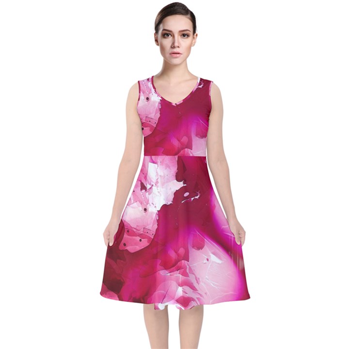 Peonie On Marbling Patterns V-Neck Midi Sleeveless Dress 