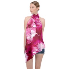 Peonie On Marbling Patterns Halter Asymmetric Satin Top